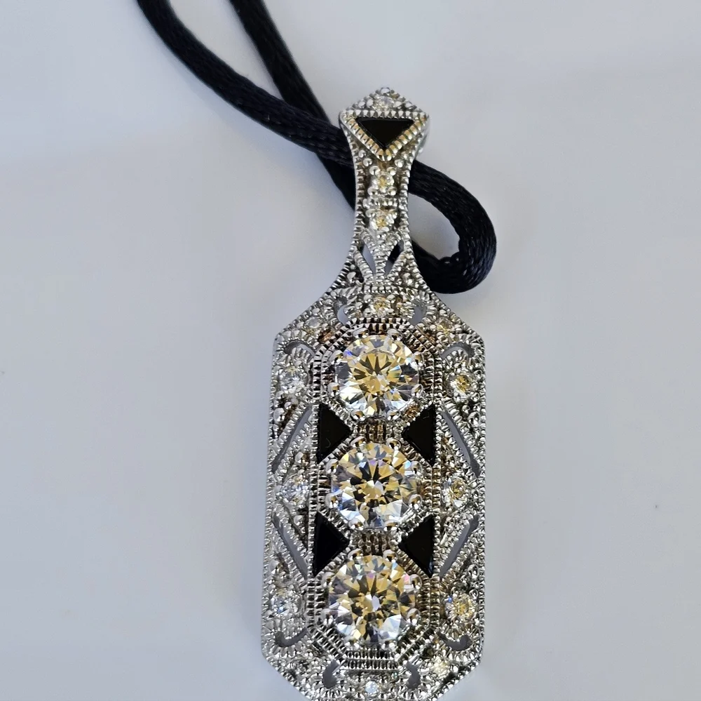 Stunning Edwardian Style Black Onyx & Diamond Simulant Pendant Sterling Silver!